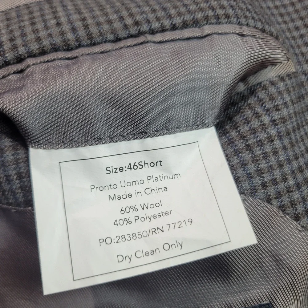 Pronto Uomo Platinum Blazer Mens 46S Grey Blue Micro-Check Wool Blend Sport Coat